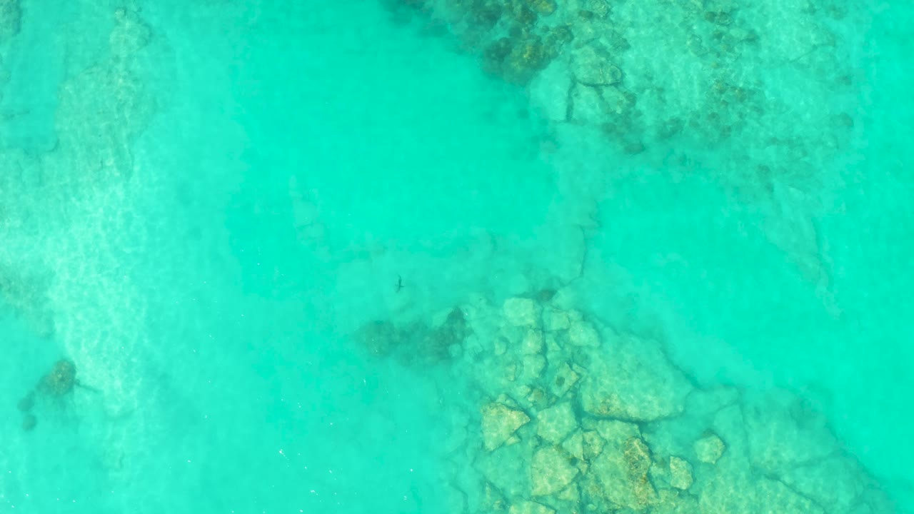 Overhead view of clear turquoise water in Cabo Pulmo, Mexico, with pale ripples and submerged rock or coral patches near the center and no visible people.