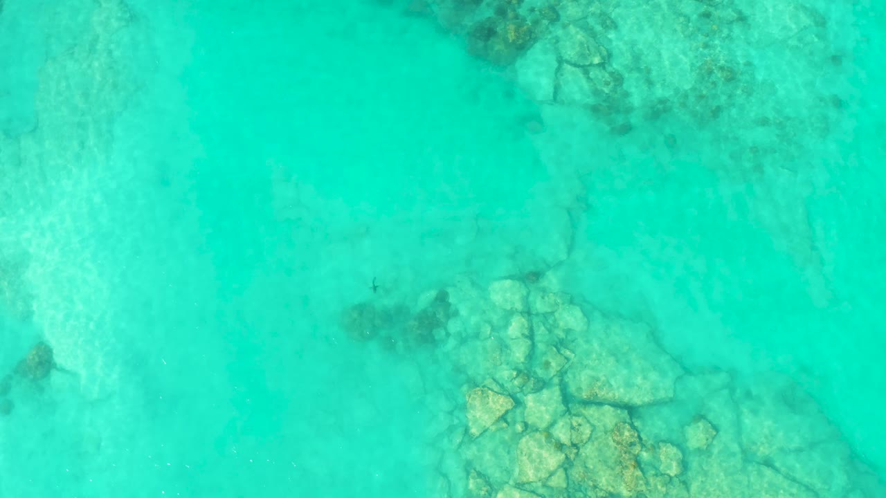 Shallow blue-green water with rocks visible below the surface.