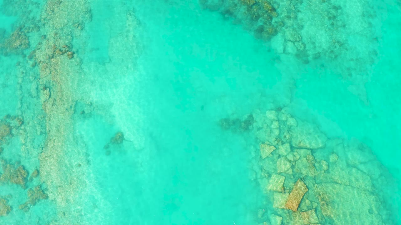 Overhead view of clear turquoise shallow water in Cabo Pulmo, Mexico, with pale sand, submerged rock patches, a small dark fish near the center area, and no visible people.