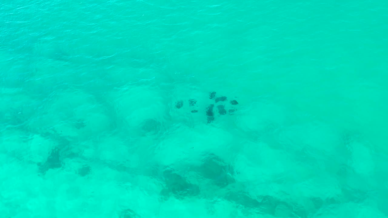 At 0:02 in Cabo Pulmo, the dark fish cluster remains visible through bright turquoise shallows while broad pale rock and sand forms fill the lower frame, with no visible people.