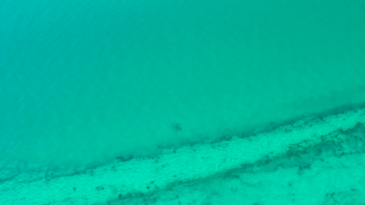 Cabo Pulmo water frame with a diagonal pale sand band crossing beneath transparent turquoise water, darker seabed marks, and no visible people.