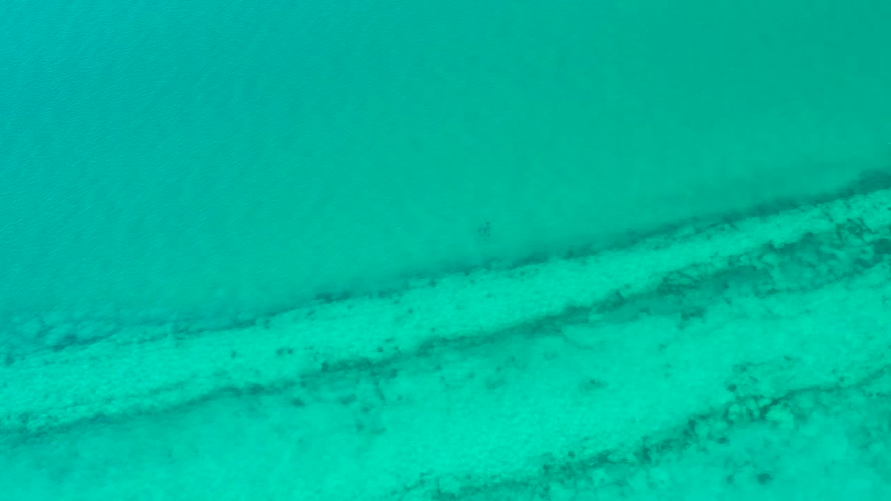 A second overhead frame shows clear Cabo Pulmo water with pale sand running diagonally beneath darker coral or reef markings, no visible people.