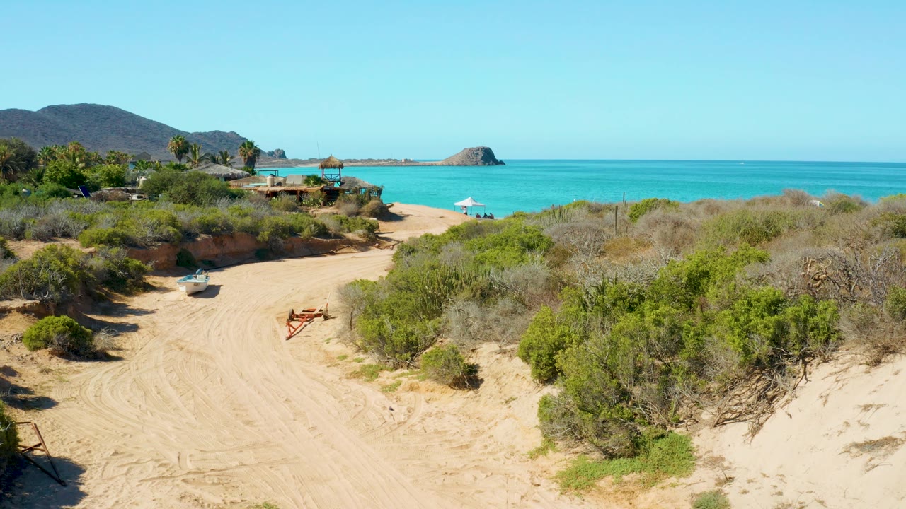 The Cabo Pulmo beach path remains centered between low vegetation, with the turquoise shoreline and small blue umbrella still visible in the distance and no visible people.