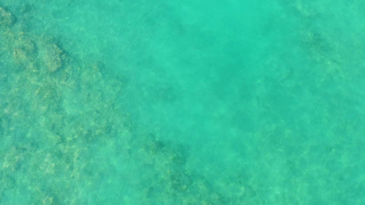 Mid-clip frame of Cabo Pulmo shallow water, with muted underwater formations spread across the left and center and soft ripple patterns on the surface, no visible people.