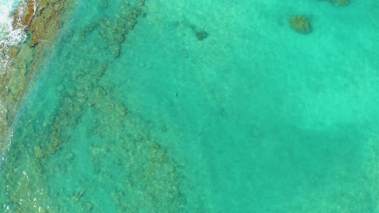 Downward aerial view in Cabo Pulmo showing reef patches beneath turquoise water, with the shoreline rocks tighter along the left side and no visible people.
