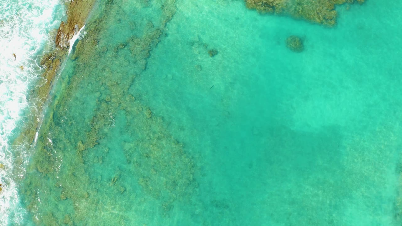 Aerial frame over Cabo Pulmo shows the reef line running diagonally beside white wave foam, with open turquoise water filling the right side and no visible people.