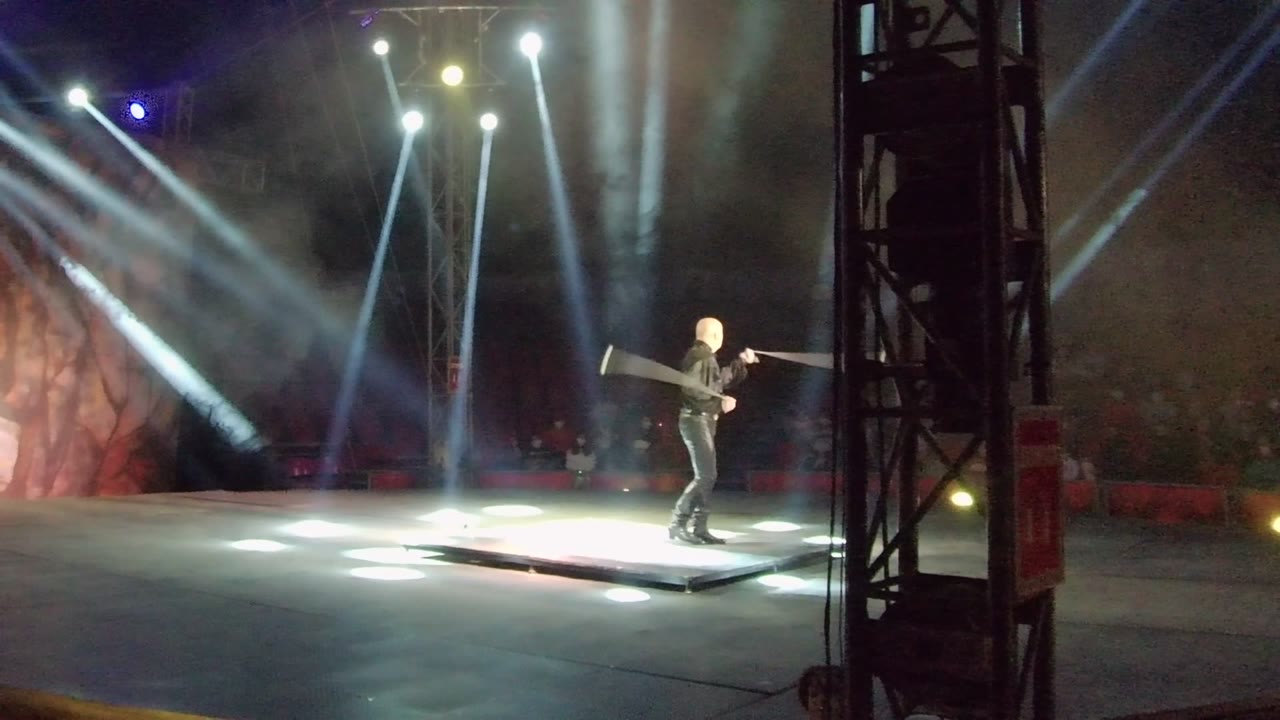Performer steps across the stage with a large prop held sideways.