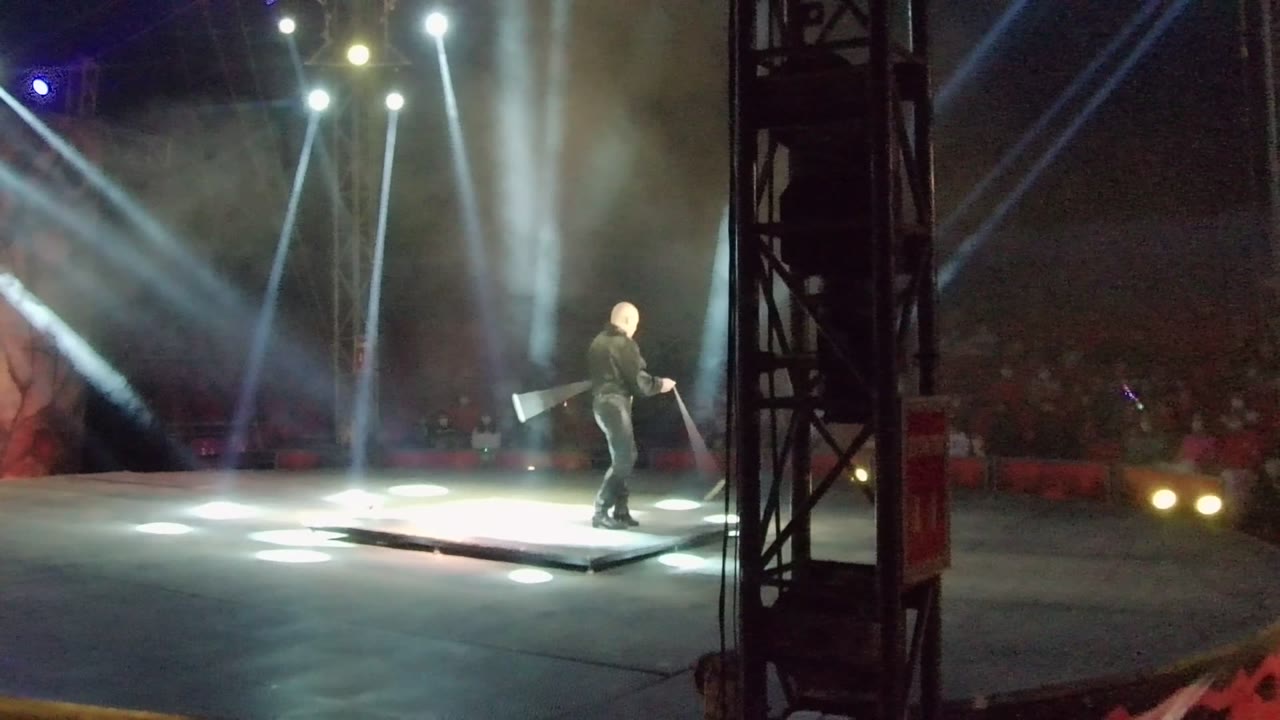 Performer holds a flag low while crossing the lit stage.
