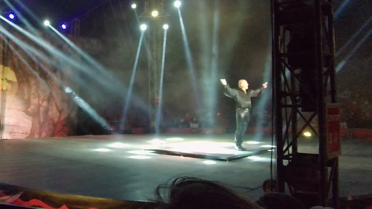 Performer on stage gestures beneath crossing beams of light.