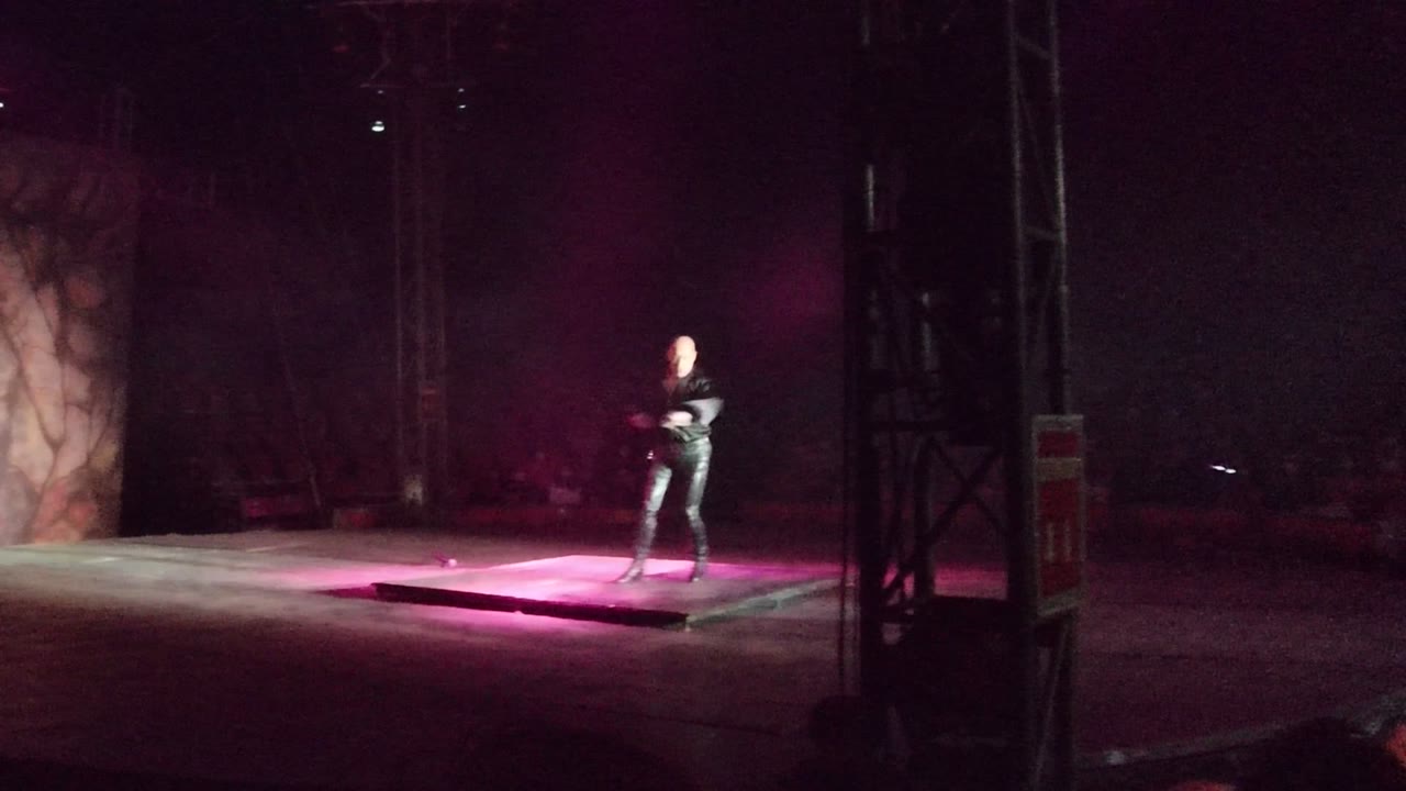 Performer stepping on a low platform in colored light.