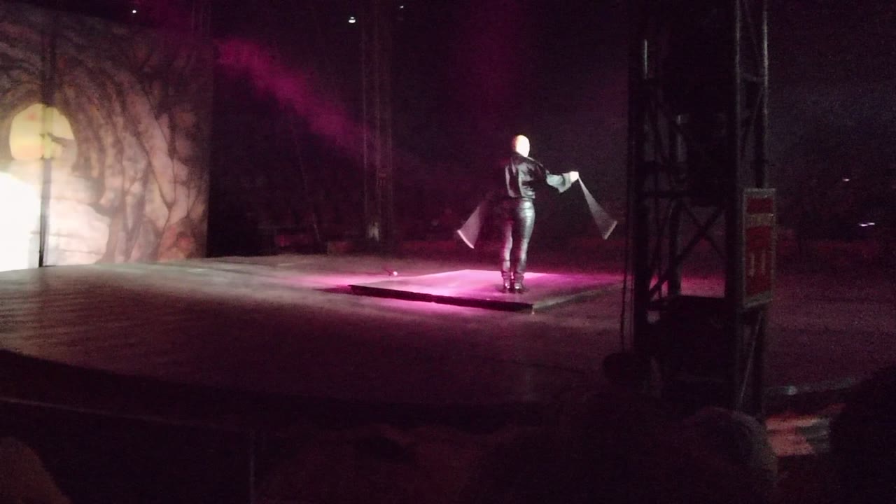 A performer in San Jose del Cabo stands near center stage holding two flags, with magenta floor lighting and a cave-like scenic screen behind them.