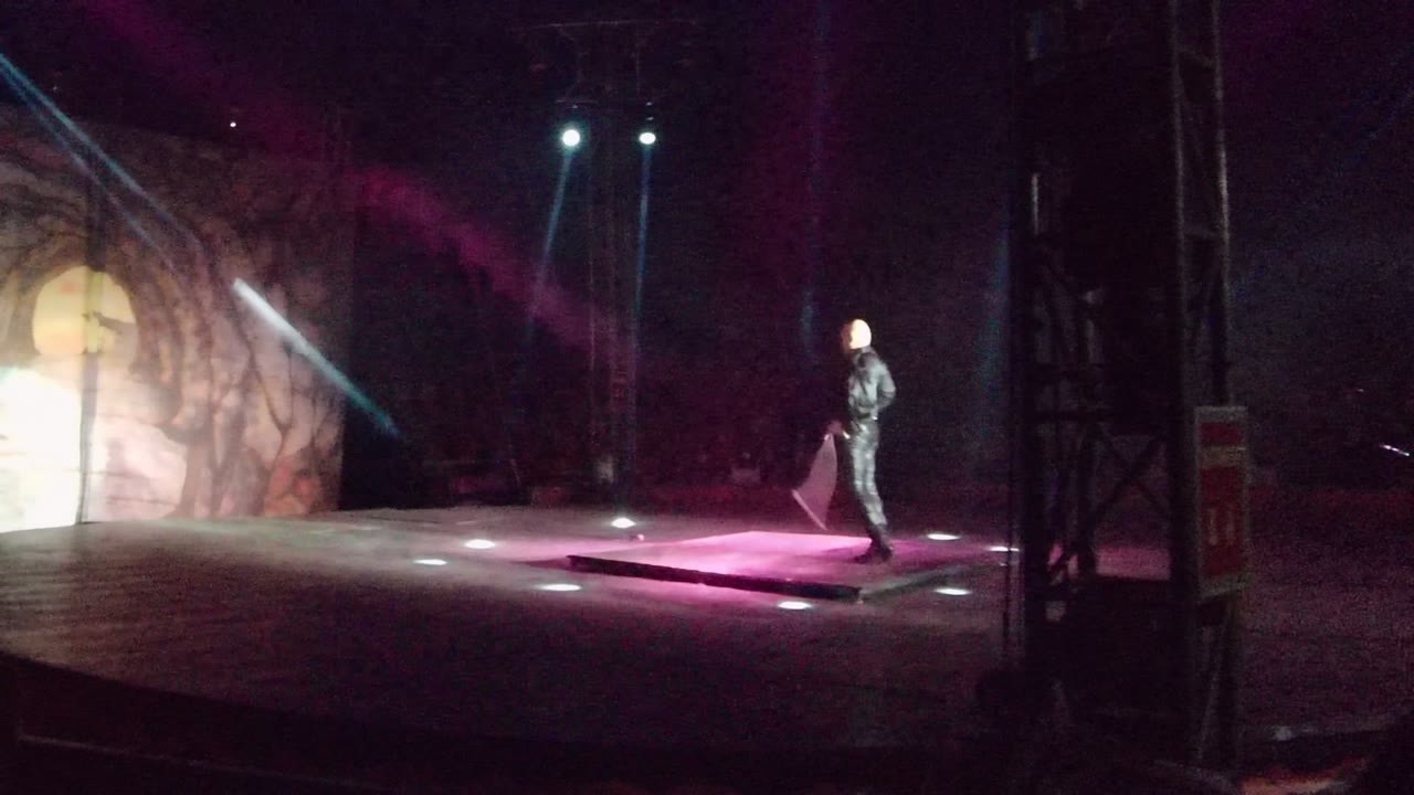 The performer in San Jose del Cabo moves toward the right side of the stage with flags lowered, while spotlights sweep above the cave-like background image.