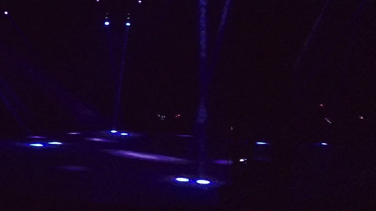 A dark outdoor pathway in San Jose del Cabo is lit by small blue ground lights, with tree trunks visible and no visible people in this opening frame.