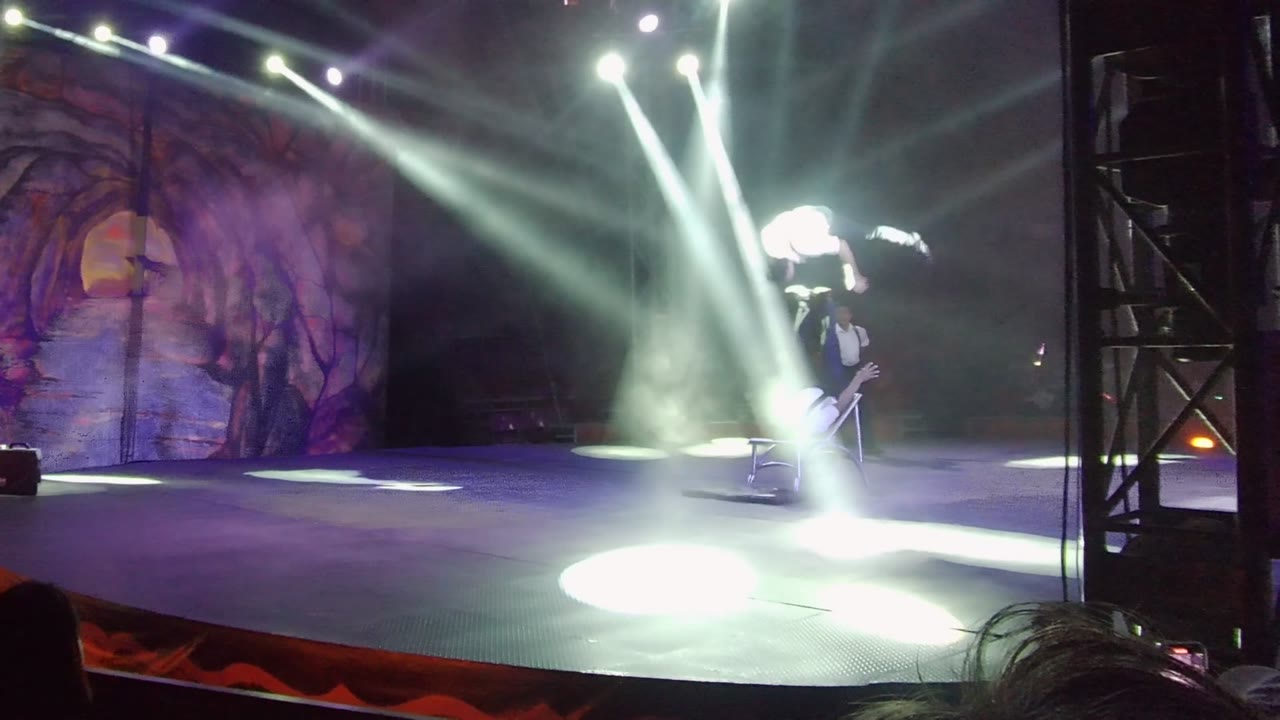 A magician performs on a San Jose Del Cabo stage under crossing white spotlights, with audience heads in the foreground and a painted forest backdrop at left.