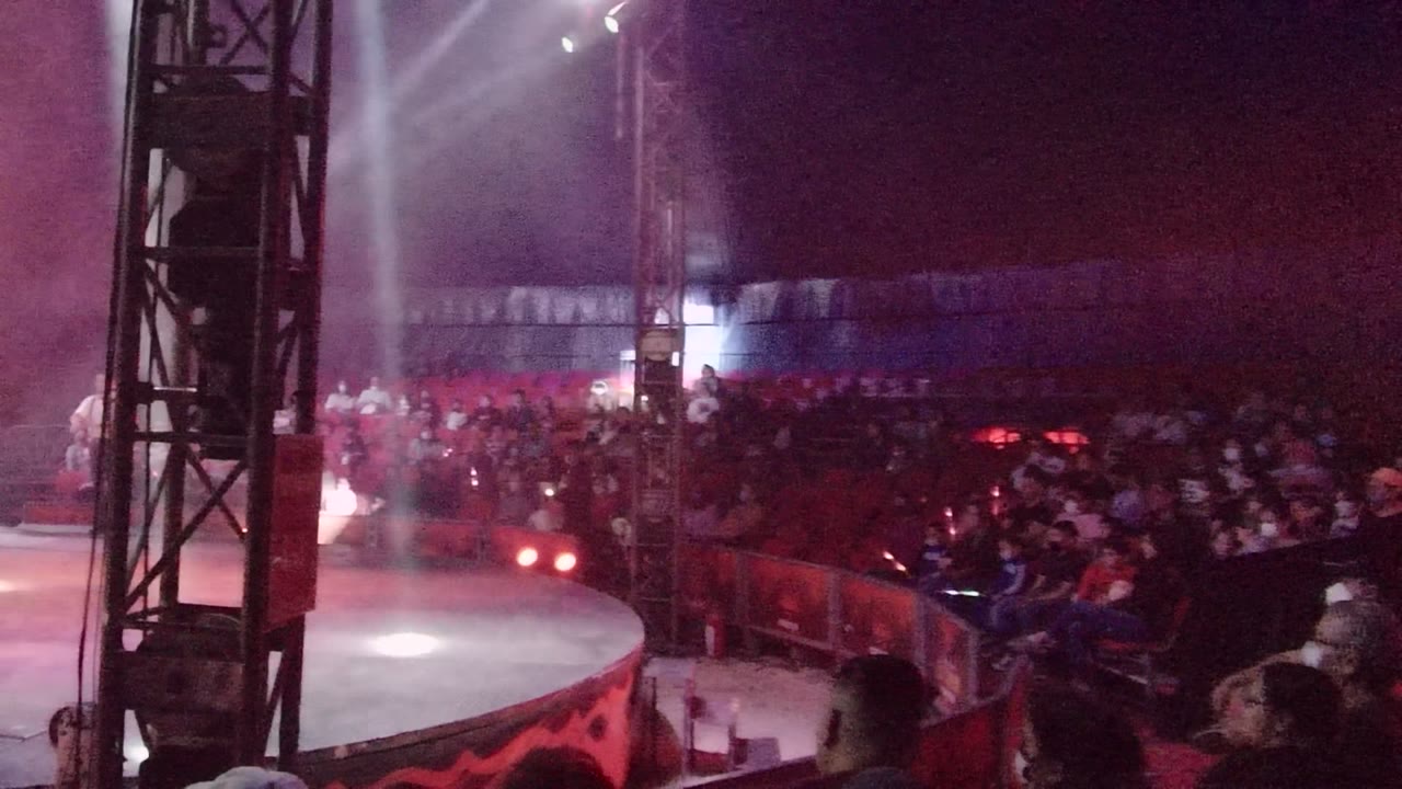 A San Jose del Cabo stage show is seen from audience level with a circular stage edge, black truss, smoke haze, colored lights, and a seated crowd in the background.