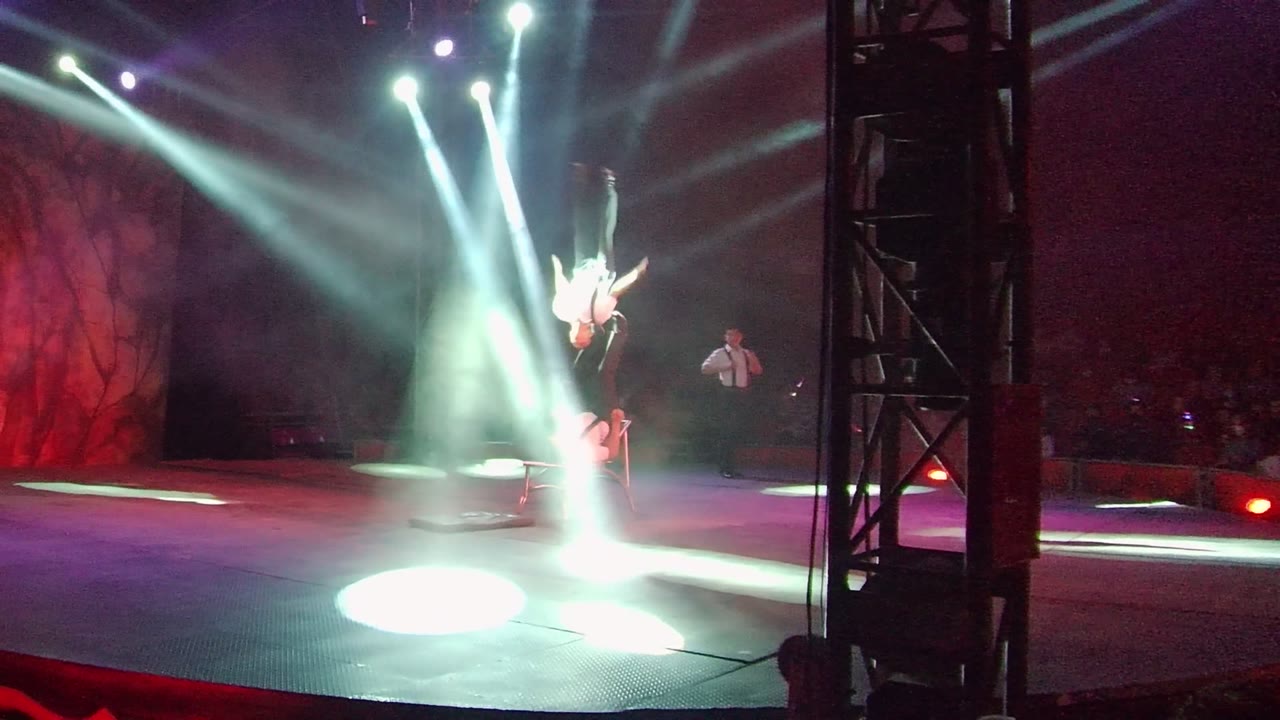 Acrobat centered in bright stage beams with red lighting behind.