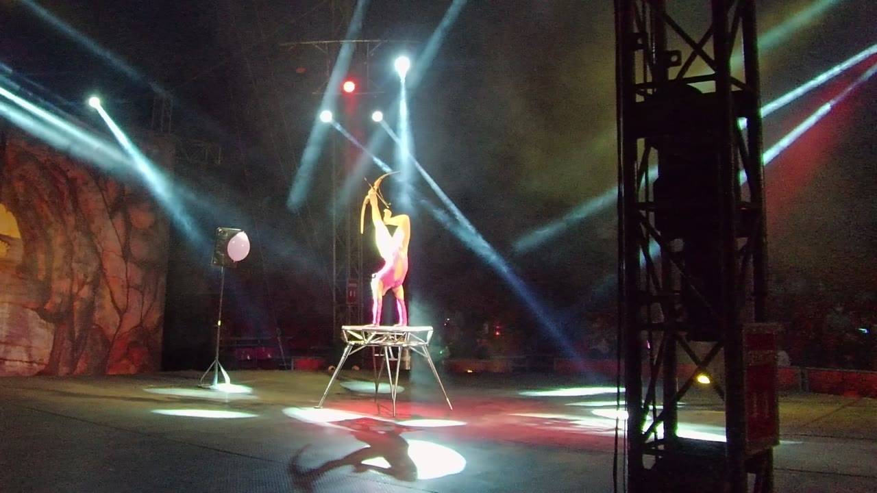 Performer holds an overhead pose on a platform while spotlights cross the smoky stage.