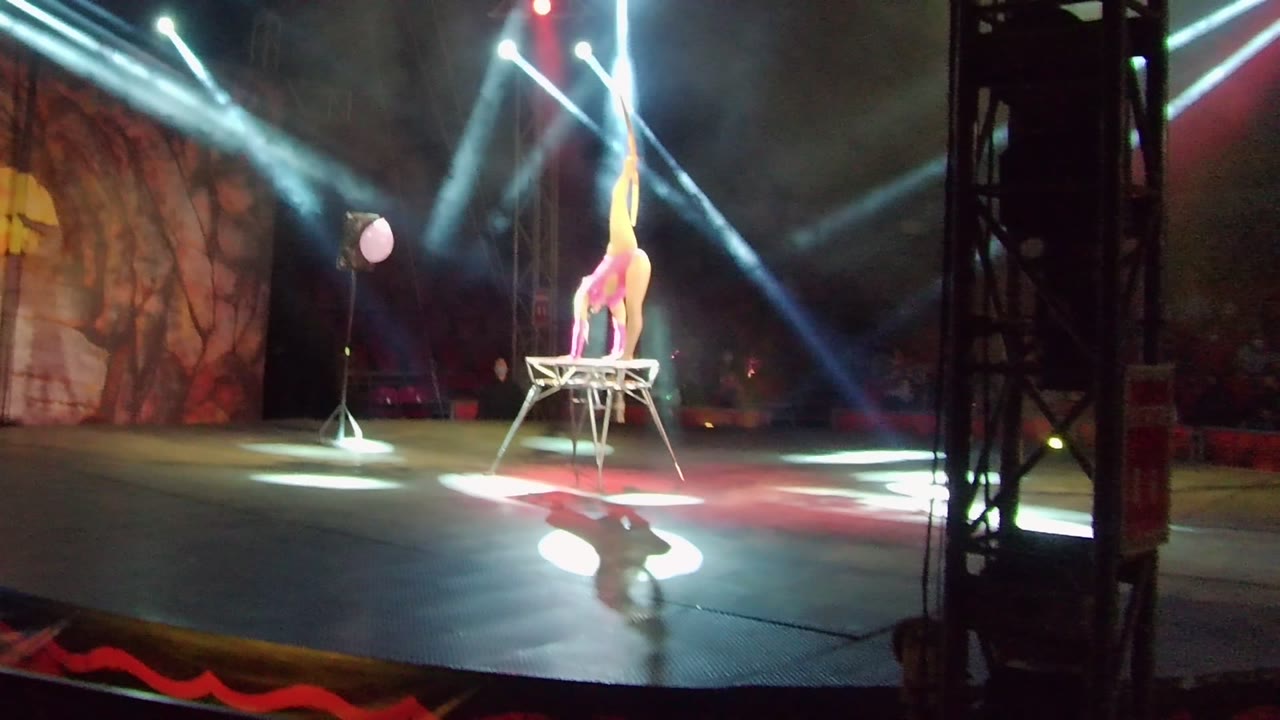 Pink-costumed performer balancing vertically on a stage table.