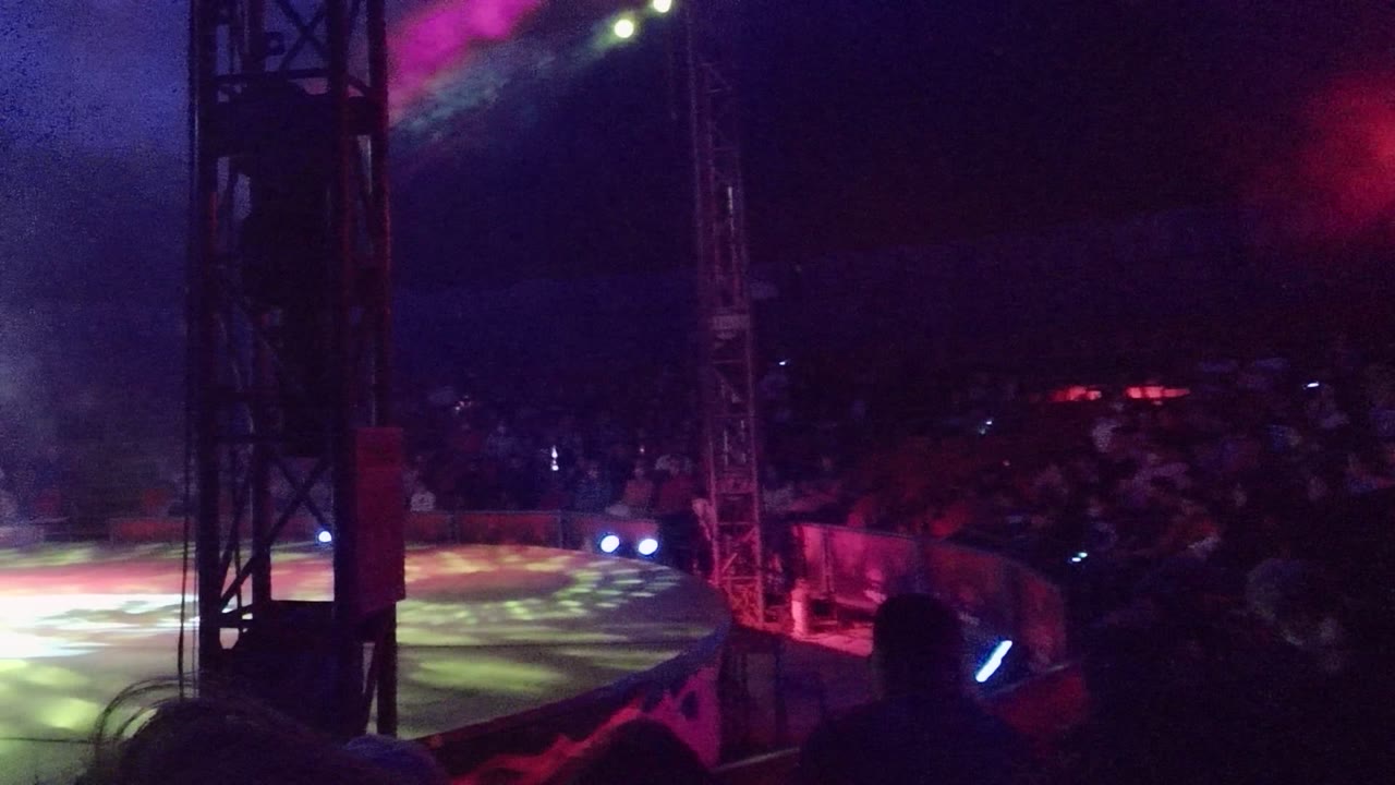 Opening frame in San Jose Del Cabo shows a dark performance stage with purple and green light, smoke, foreground truss, and audience silhouettes.
