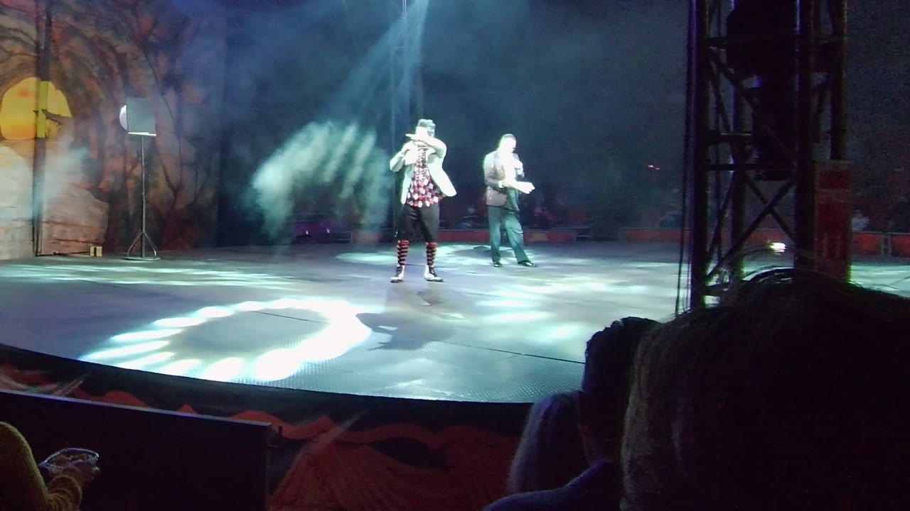 Two performers stand on a lit stage in San Jose Del Cabo, Mexico, with audience heads in the foreground, haze in the air, and a painted backdrop at left.