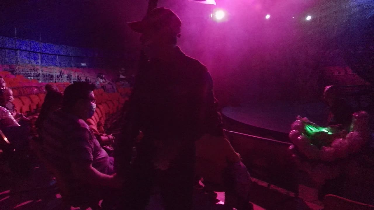 In San Jose del Cabo, a dark foreground figure blocks part of the aisle while audience members sit nearby beneath magenta light and bright overhead stage lamps.