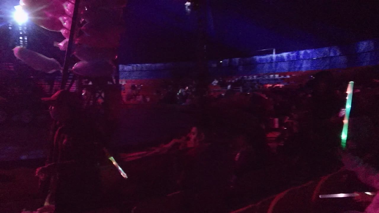 Dark concert crowd with a raised glow stick and blue-lit seating in back.
