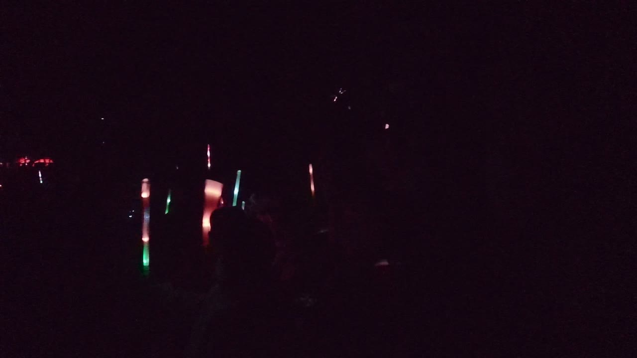 Audience silhouettes waving light wands at night