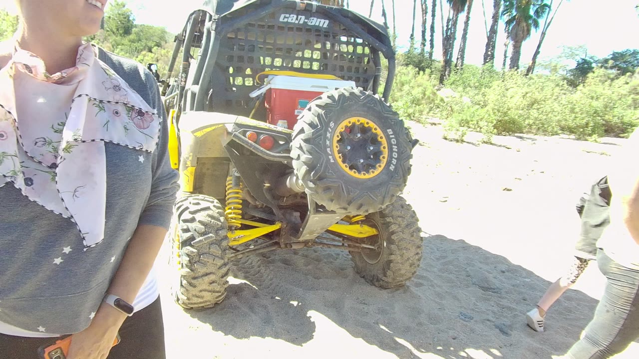 In Los Cabos, Baja California Sur, a partially visible woman stands near the rear of a yellow and black off-road vehicle on bright sandy ground with palms behind it.