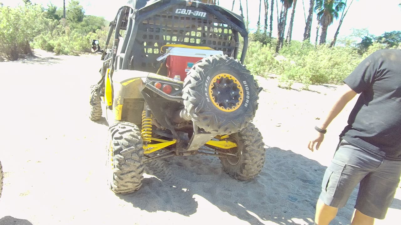 Rear view of a parked Can-Am off-road vehicle on sandy ground in Los Cabos, with a man partly visible at the right edge and bright scrub behind it.