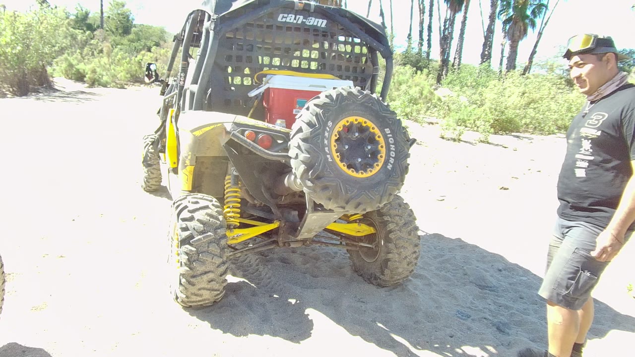 A man in a black shirt and gray shorts walks near the rear of a parked Can-Am off-road vehicle on sandy terrain in Los Cabos, with sunlit vegetation in the background.
