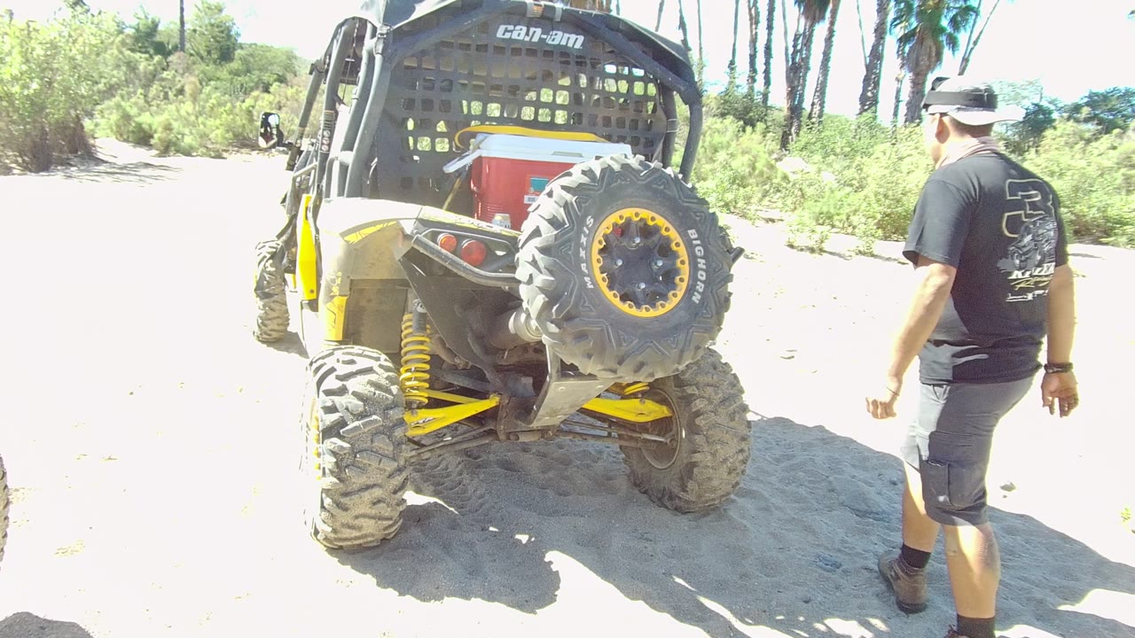 The man turns away from the parked Can-Am off-road vehicle on sandy ground in Los Cabos, with the vehicle filling the left side and bright desert vegetation behind.