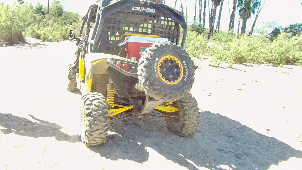 Off-road vehicle parked on sandy ground with palms in the background.