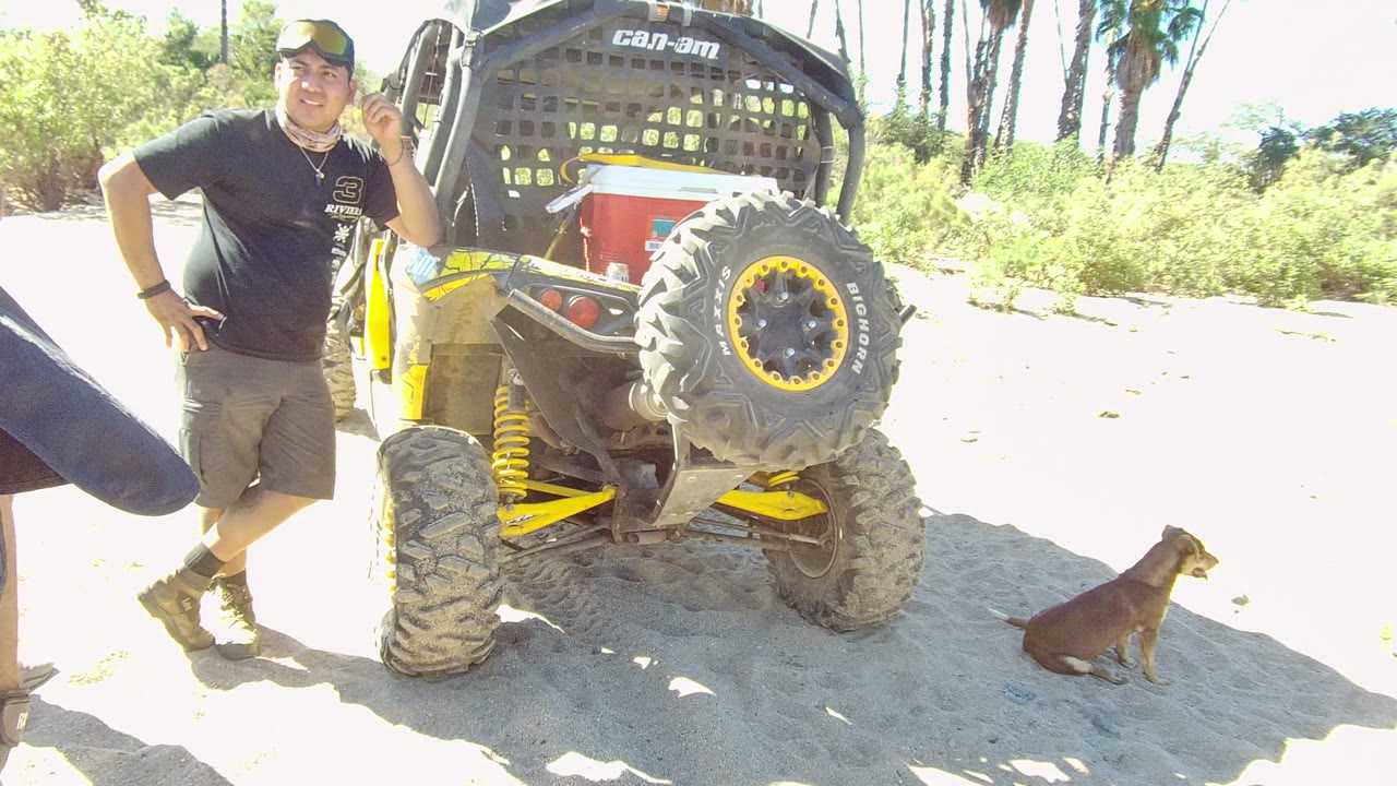 In Los Cabos, Baja California Sur, the man faces the camera beside the parked dune buggy, the Can-Am mark is visible above the spare tire, and the dog sits near the right edge.