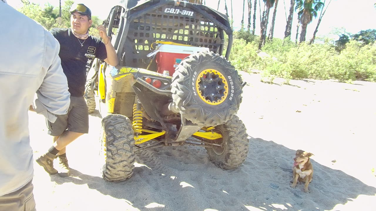 Partly visible person in foreground near man and parked dune buggy.