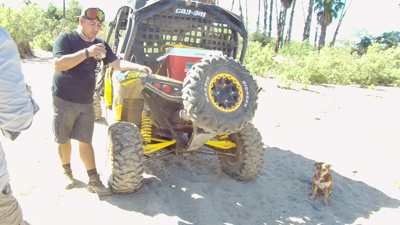 Man raises a drink while standing beside the Can-Am vehicle.