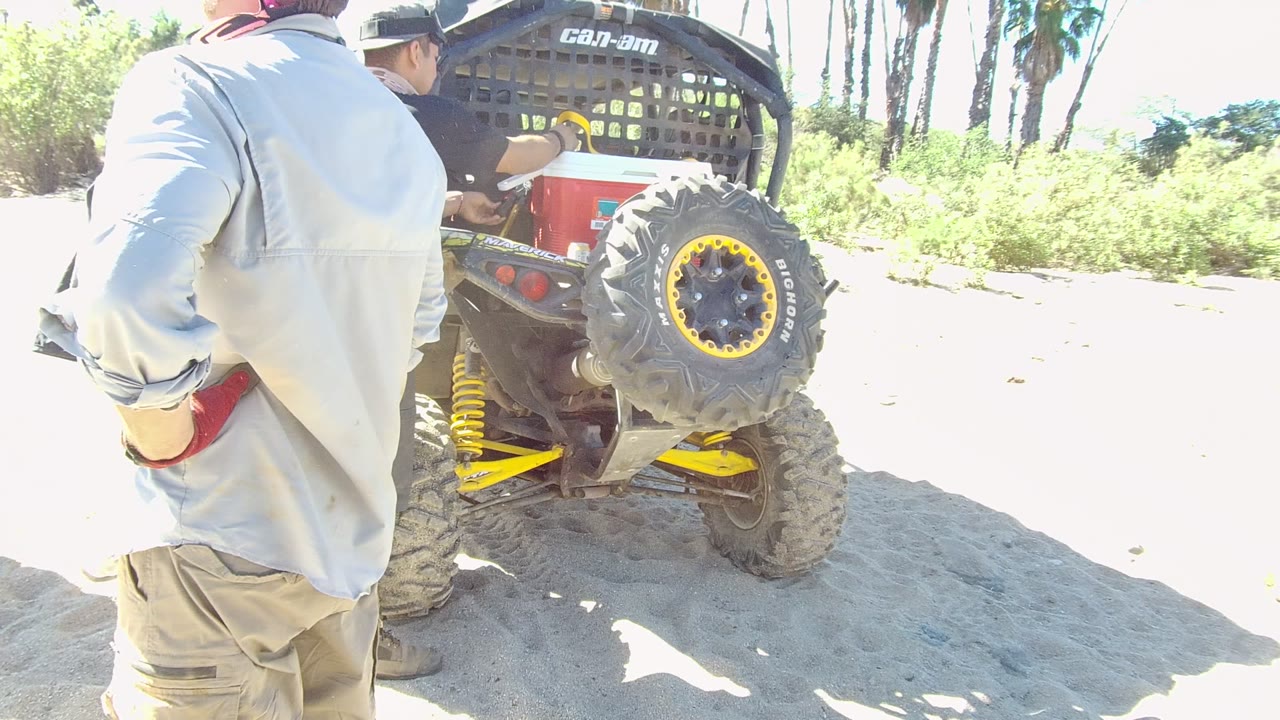 In Los Cabos, two men stand close to the rear of a red Can-Am off-road utility vehicle on bright sandy ground, with palms and green brush behind it.