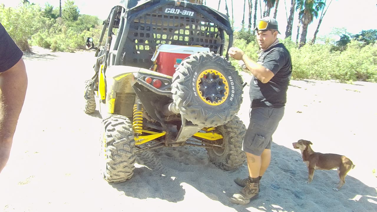 In Los Cabos, Baja California Sur, Mexico, the man looks back from beside the rear spare tire of the Can-Am off-road vehicle while the dog stands farther right on the sand.