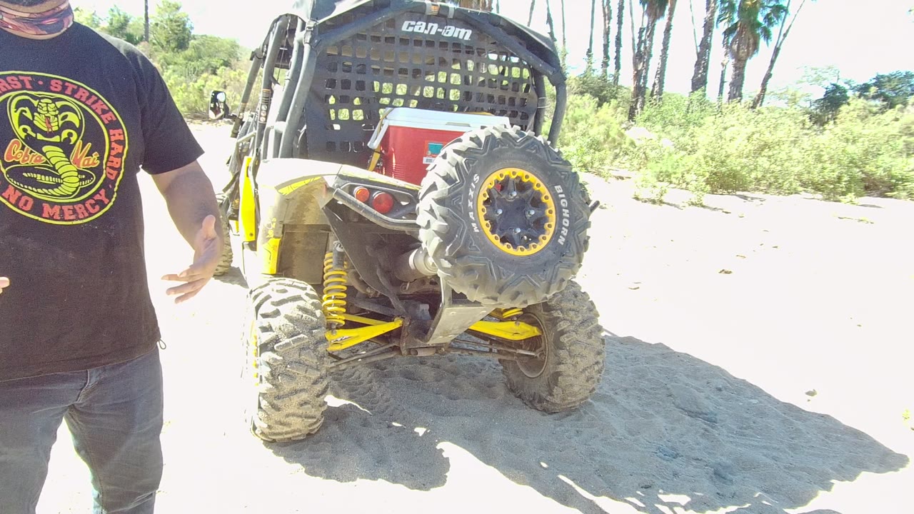In Los Cabos, Baja California Sur, a cropped adult man in a black graphic T-shirt stands beside the rear of an off-road vehicle on bright sandy ground with shrubs behind it.