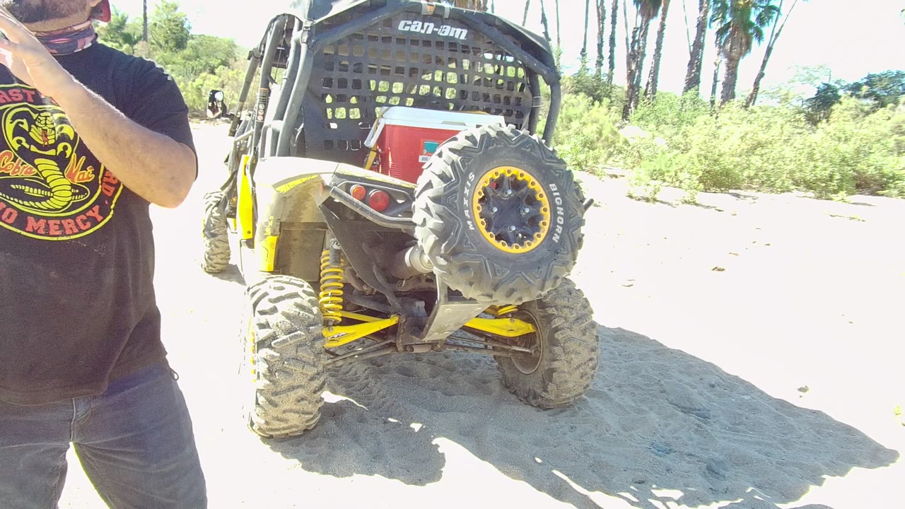 In Los Cabos, Baja California Sur, a cropped adult in a black logo T-shirt stands near the left edge while a Can-Am UTV is parked on bright sand with palms behind it.