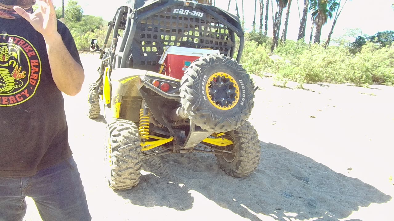 A raised hand enters near the upper left of the Los Cabos frame as the Can-Am UTV remains parked on sandy ground with palm trees and brush in the background.