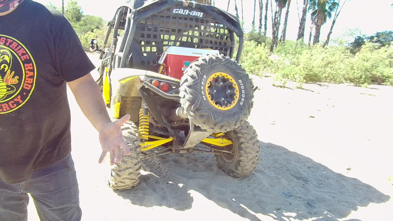In Los Cabos, the cropped man extends one hand outward beside the parked yellow and black off-road vehicle, with palms and shrubs blown bright in the background.