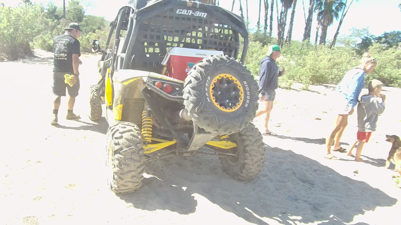 In Los Cabos, Baja California Sur, a yellow Can-Am off-road vehicle is parked on bright sand while adults, children, and a small dog stand near shrubs and palm trees.