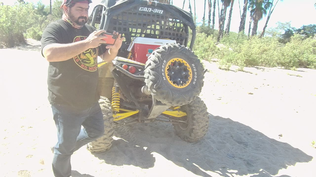 In Los Cabos, Mexico, a man raises a phone in front of the parked yellow and black off-road vehicle, with palm trunks and green brush behind him.