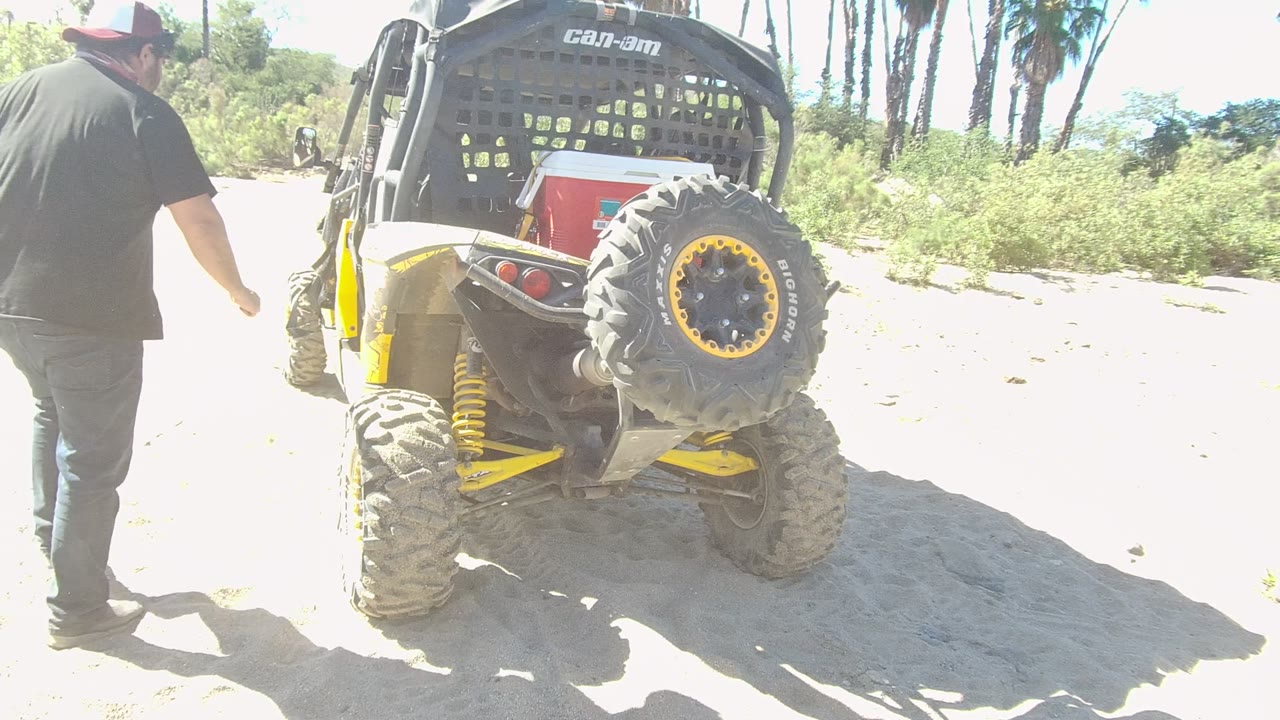 In Los Cabos, a man walks near the rear of a yellow and black off-road vehicle parked on bright sand with palm trees behind it.