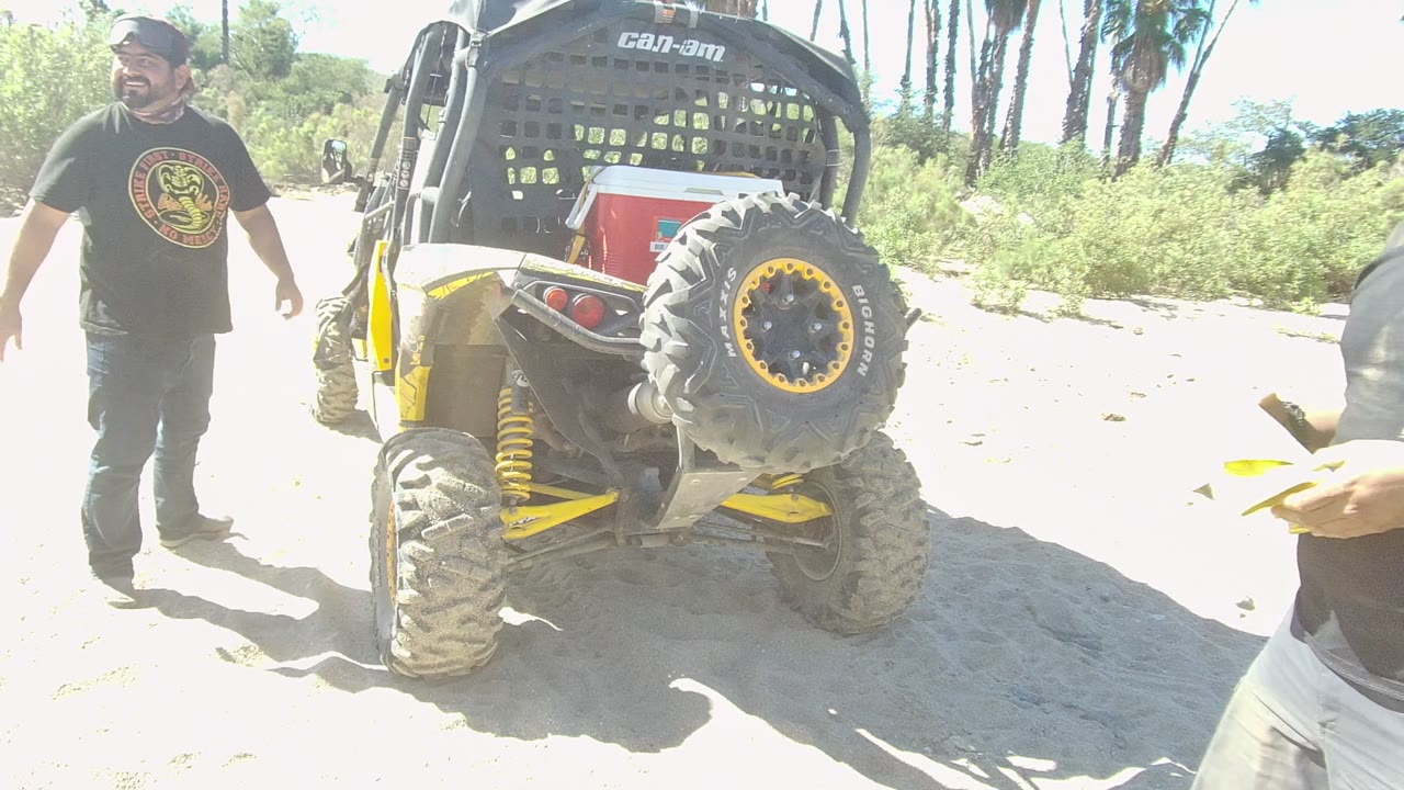 In Los Cabos, a man in a black graphic t-shirt stands beside the yellow and black off-road vehicle on bright sand with the rear wheel and palm trees visible.