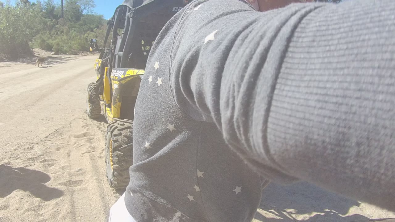 A close foreground arm partly blocks the view of a yellow and black dune buggy parked on sandy ground in Los Cabos, Mexico, with a person visible at the edge of the frame.