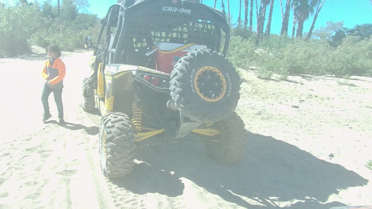 In Los Cabos, Baja California Sur, a person in an orange vest walks near the rear of a parked dune buggy on bright sandy ground with palms and brush behind it.