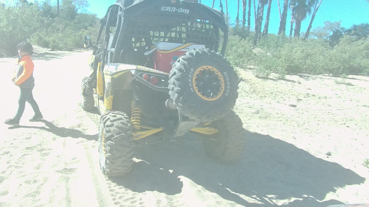 Person walking farther from the dune buggy across bright sand.