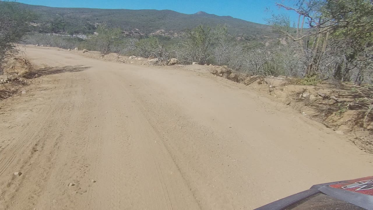 Unpaved road curving past scrub and rocks in bright sun