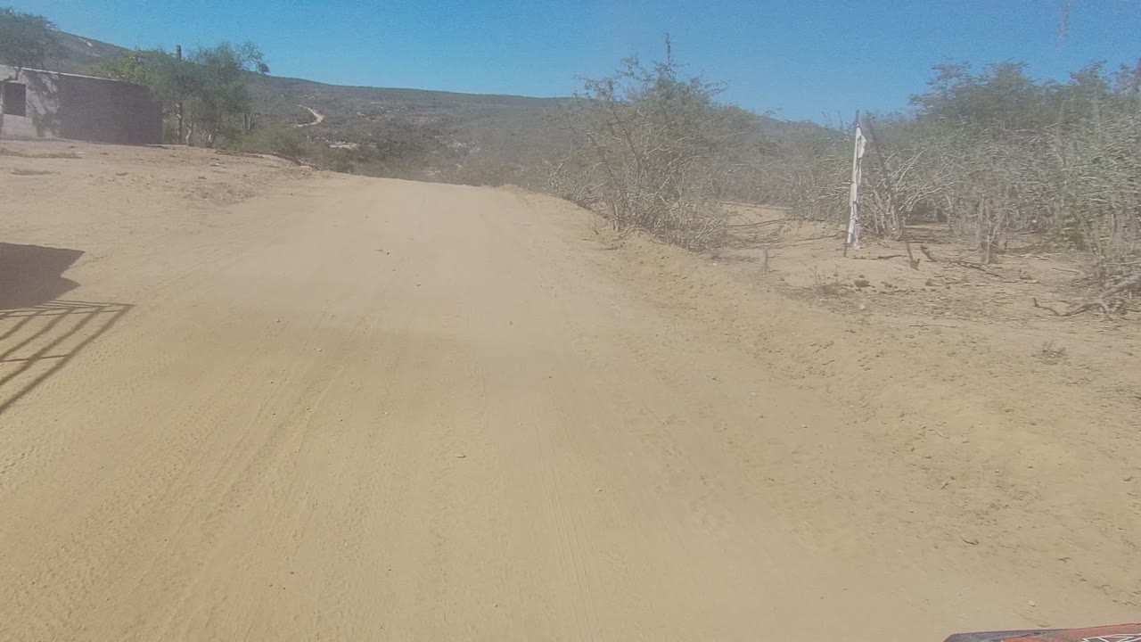 Opening view of a sandy dirt road in Los Cabos, Baja California Sur, with dry brush at the roadside, low hills in the distance, and no visible people.